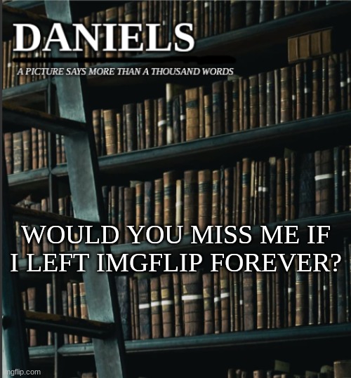 daniels book temp | WOULD YOU MISS ME IF I LEFT IMGFLIP FOREVER? | image tagged in daniels book temp | made w/ Imgflip meme maker