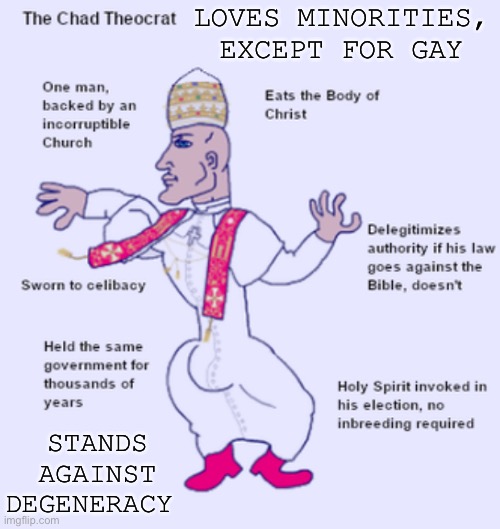 LOVES MINORITIES, EXCEPT FOR GAY; STANDS AGAINST DEGENERACY | made w/ Imgflip meme maker