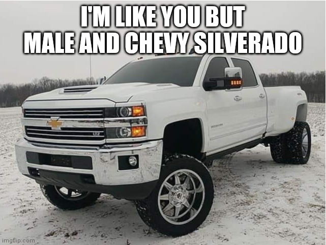 2018 chevy 3500HD 4x4 | I'M LIKE YOU BUT MALE AND CHEVY SILVERADO | image tagged in 2018 chevy 3500hd 4x4 | made w/ Imgflip meme maker