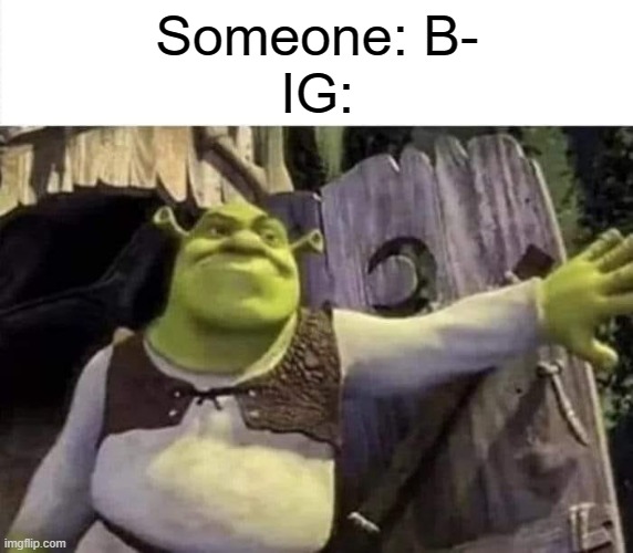 Only smart people will get what the B means | Someone: B-
IG: | image tagged in shrek opens the door | made w/ Imgflip meme maker