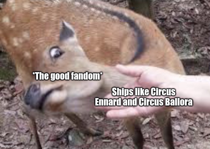 the deer's face tho *dies from wheeze* (mod note: while cb x ballora ain't illegal, it's frickin weird) | *The good fandom*; Ships like Circus Ennard and Circus Ballora | image tagged in nope deer | made w/ Imgflip meme maker