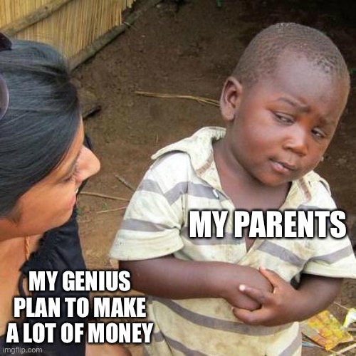 Third World Skeptical Kid Meme | MY PARENTS; MY GENIUS PLAN TO MAKE A LOT OF MONEY | image tagged in memes,third world skeptical kid | made w/ Imgflip meme maker