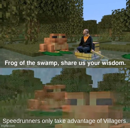 speedrunning in a nutshell | Speedrunners only take advantage of Villagers. | image tagged in frog of the swamp share us your wisdom | made w/ Imgflip meme maker