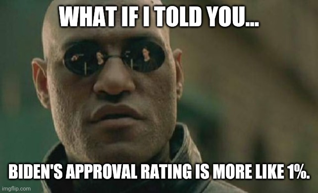Maybe 1%. Maybe. | WHAT IF I TOLD YOU... BIDEN'S APPROVAL RATING IS MORE LIKE 1%. | image tagged in memes | made w/ Imgflip meme maker