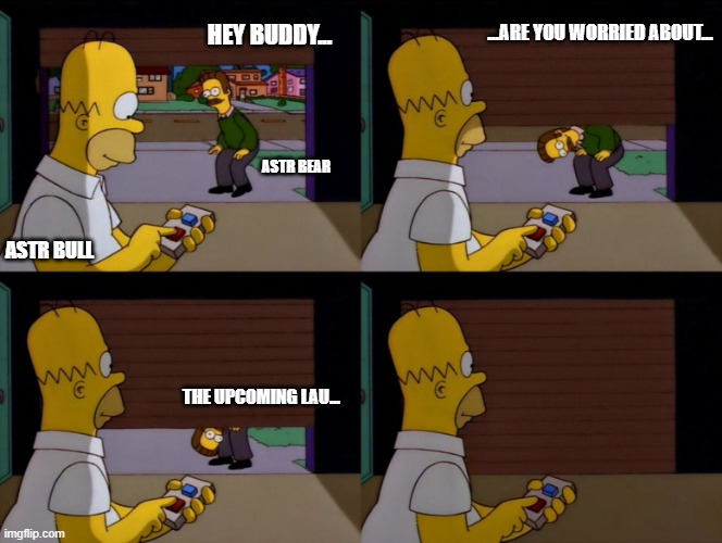 Astra Bull | ...ARE YOU WORRIED ABOUT... HEY BUDDY... ASTR BEAR; ASTR BULL; THE UPCOMING LAU... | image tagged in homer simpson garage door | made w/ Imgflip meme maker