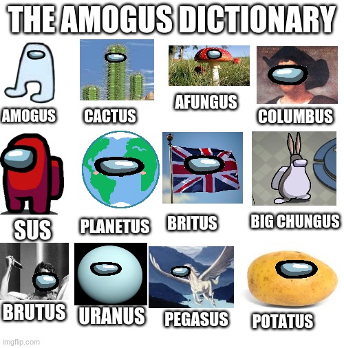Amogus Dictionary | THE AMOGUS DICTIONARY; AFUNGUS; AMOGUS; CACTUS; COLUMBUS; PLANETUS; BIG CHUNGUS; BRITUS; SUS; BRUTUS; URANUS; PEGASUS; POTATUS | image tagged in blank white template,amogus,dictionary,among us,sus | made w/ Imgflip meme maker