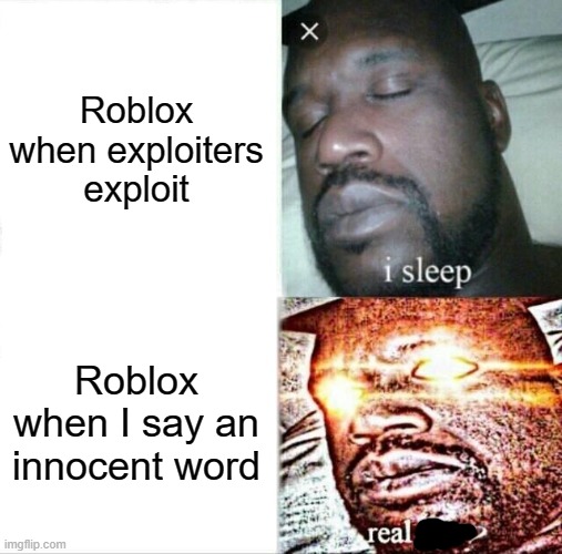 Roblox moderation be like | Roblox when exploiters exploit; Roblox when I say an innocent word | image tagged in memes,sleeping shaq | made w/ Imgflip meme maker