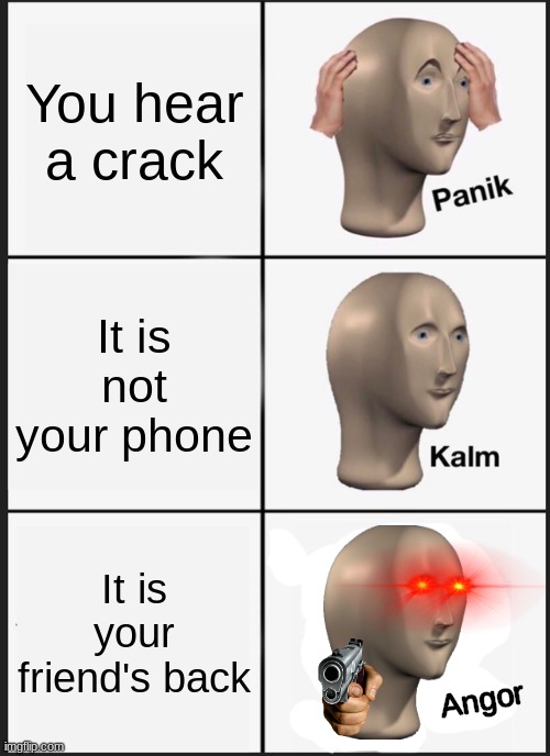 Angor |  You hear a crack; It is not your phone; It is your friend's back; Angor | image tagged in memes,panik kalm panik | made w/ Imgflip meme maker