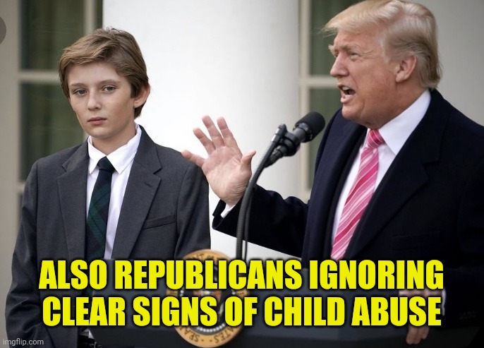 Baron Trump 1 | ALSO REPUBLICANS IGNORING CLEAR SIGNS OF CHILD ABUSE | image tagged in baron trump 1 | made w/ Imgflip meme maker
