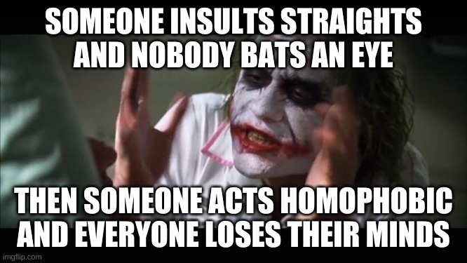 And everybody loses their minds Meme | SOMEONE INSULTS STRAIGHTS AND NOBODY BATS AN EYE THEN SOMEONE ACTS HOMOPHOBIC AND EVERYONE LOSES THEIR MINDS | image tagged in memes,and everybody loses their minds | made w/ Imgflip meme maker