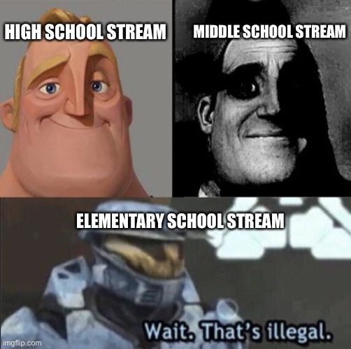 TERMS OF SERVICE | HIGH SCHOOL STREAM; MIDDLE SCHOOL STREAM; ELEMENTARY SCHOOL STREAM | image tagged in traumatized mr incredible,wait that s illegal | made w/ Imgflip meme maker