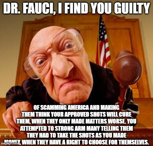 Judgement Day | DR. FAUCI, I FIND YOU GUILTY; OF SCAMMING AMERICA AND MAKING THEM THINK YOUR APPROVED SHOTS WILL CURE THEM, WHEN THEY ONLY MADE MATTERS WORSE. YOU ATTEMPTED TO STRONG ARM MANY TELLING THEM THEY HAD TO TAKE THE SHOTS AS YOU MADE MONEY, WHEN THEY HAVE A RIGHT TO CHOOSE FOR THEMSELVES. | image tagged in judgement,the force awakens,choices,death,family,big pharma | made w/ Imgflip meme maker