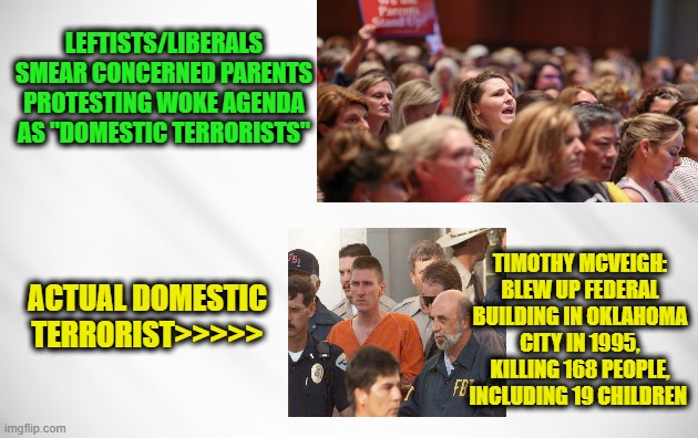 Woke Supremacists Rage on Critics of School Boards | LEFTISTS/LIBERALS SMEAR CONCERNED PARENTS PROTESTING WOKE AGENDA AS "DOMESTIC TERRORISTS"; TIMOTHY MCVEIGH:
BLEW UP FEDERAL BUILDING IN OKLAHOMA CITY IN 1995, KILLING 168 PEOPLE, INCLUDING 19 CHILDREN; ACTUAL DOMESTIC TERRORIST>>>>> | image tagged in wokeness,domestic terrorists,timothy mcveigh | made w/ Imgflip meme maker