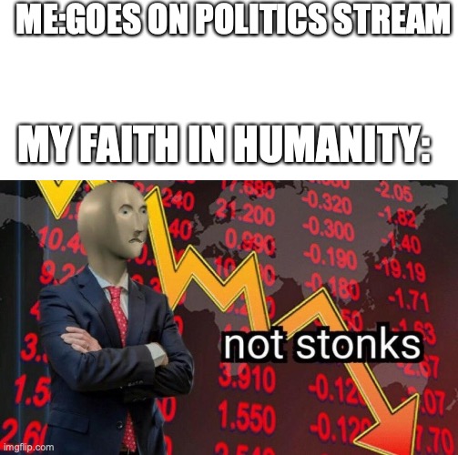 ME:GOES ON POLITICS STREAM; MY FAITH IN HUMANITY: | image tagged in blank white template,not stonks | made w/ Imgflip meme maker