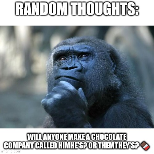 My mind is a strange place. not wonderful. Just strange |  RANDOM THOUGHTS:; WILL ANYONE MAKE A CHOCOLATE COMPANY CALLED HIMHE'S? OR THEMTHEY'S? 🍫 | image tagged in thoughts,hmmm,wtf,why are you reading this,oh wow are you actually reading these tags,memes | made w/ Imgflip meme maker