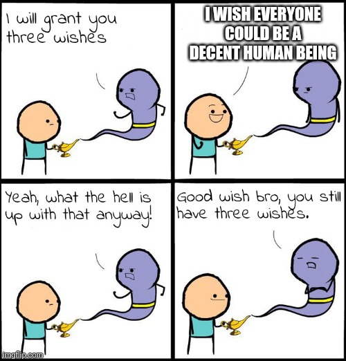 3 Wishes | I WISH EVERYONE COULD BE A DECENT HUMAN BEING | image tagged in 3 wishes | made w/ Imgflip meme maker