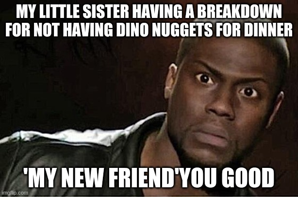 Kevin Hart |  MY LITTLE SISTER HAVING A BREAKDOWN FOR NOT HAVING DINO NUGGETS FOR DINNER; 'MY NEW FRIEND'YOU GOOD | image tagged in memes,kevin hart | made w/ Imgflip meme maker