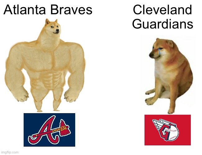 Braves > Guardians |  Atlanta Braves; Cleveland Guardians | image tagged in memes,buff doge vs cheems,atlanta braves,cleveland guardians,mlb baseball,sports | made w/ Imgflip meme maker
