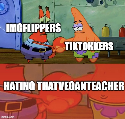 only reason we ever put aside differences |  TIKTOKKERS; IMGFLIPPERS; HATING THATVEGANTEACHER | image tagged in patrick and mr krabs handshake | made w/ Imgflip meme maker