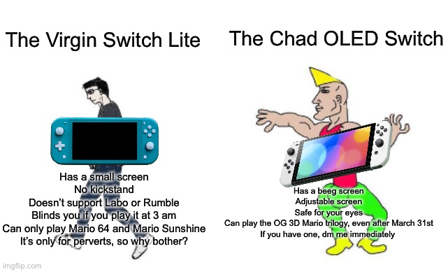 Switch Lite vs OLED Switch | The Chad OLED Switch; The Virgin Switch Lite; Has a small screen
No kickstand
Doesn’t support Labo or Rumble
Blinds you if you play it at 3 am
Can only play Mario 64 and Mario Sunshine
It’s only for perverts, so why bother? Has a beeg screen
Adjustable screen
Safe for your eyes
Can play the OG 3D Mario trilogy, even after March 31st
If you have one, dm me immediately | image tagged in virgin vs chad | made w/ Imgflip meme maker