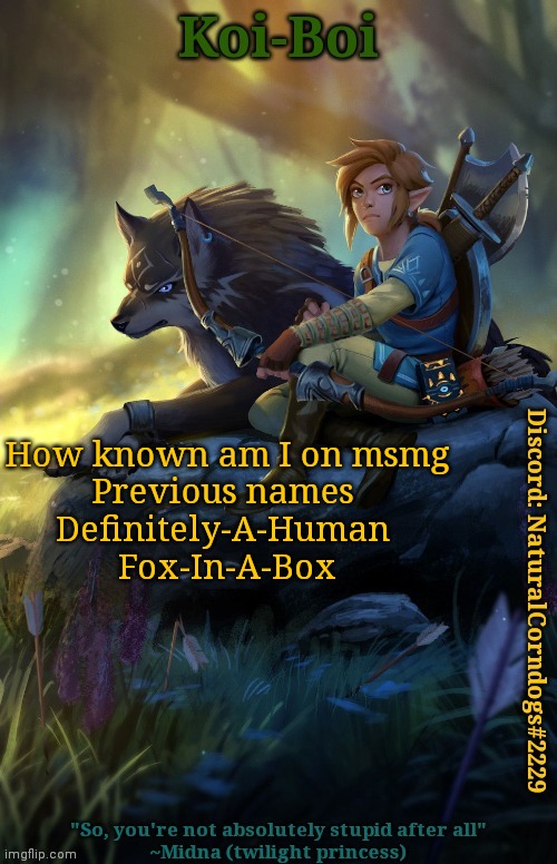How known am I on msmg

Previous names 
Definitely-A-Human 
Fox-In-A-Box | image tagged in link template | made w/ Imgflip meme maker