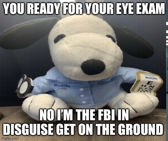 YOU READY FOR YOUR EYE EXAM; NO I’M THE FBI IN DISGUISE GET ON THE GROUND | image tagged in memes | made w/ Imgflip meme maker