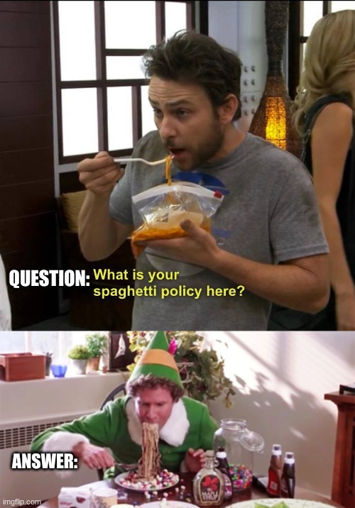 Buddy's Spaghetti Policy |  QUESTION:; ANSWER: | image tagged in spaghetti policy,buddy spaghetti,elf,it's always sunny in philidelphia | made w/ Imgflip meme maker