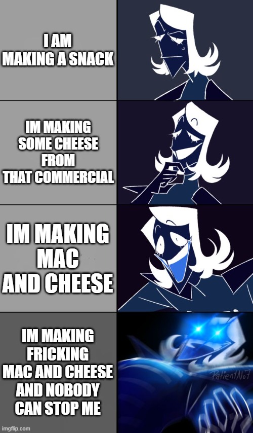 mac and cheese | I AM MAKING A SNACK; IM MAKING SOME CHEESE FROM THAT COMMERCIAL; IM MAKING MAC AND CHEESE; IM MAKING FRICKING MAC AND CHEESE AND NOBODY CAN STOP ME | image tagged in rouxls kaard | made w/ Imgflip meme maker