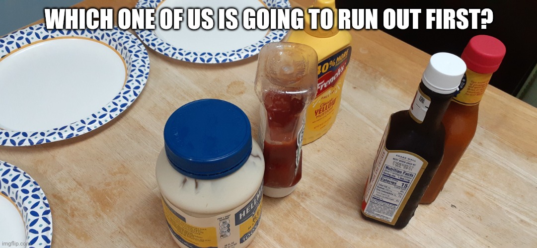 No dont run out on us!!! | WHICH ONE OF US IS GOING TO RUN OUT FIRST? | image tagged in stand off | made w/ Imgflip meme maker