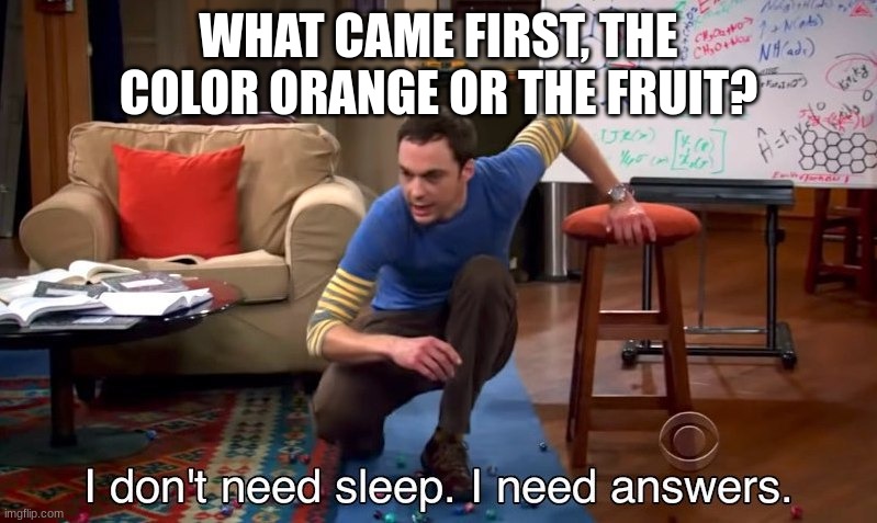 What came first |  WHAT CAME FIRST, THE COLOR ORANGE OR THE FRUIT? | image tagged in fvbhjfvbhjdfgfvbhjbbgf,word,orange,meme,why are you reading this,gfhdjfhghfjdfhghfjdfhgfjdfhgfjdfhgfjghjfgh | made w/ Imgflip meme maker