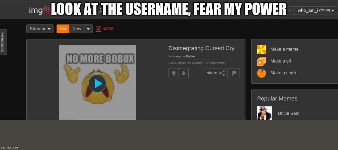 Mhahahahahahahahahahahahahahahahahahahahah |  LOOK AT THE USERNAME, FEAR MY POWER | made w/ Imgflip meme maker