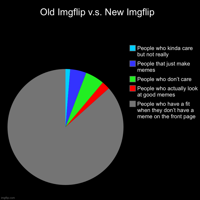 Old Imgflip v.s. New Imgflip  | People who have a fit when they don’t have a meme on the front page, People who actually look at good memes, | image tagged in charts,pie charts | made w/ Imgflip chart maker