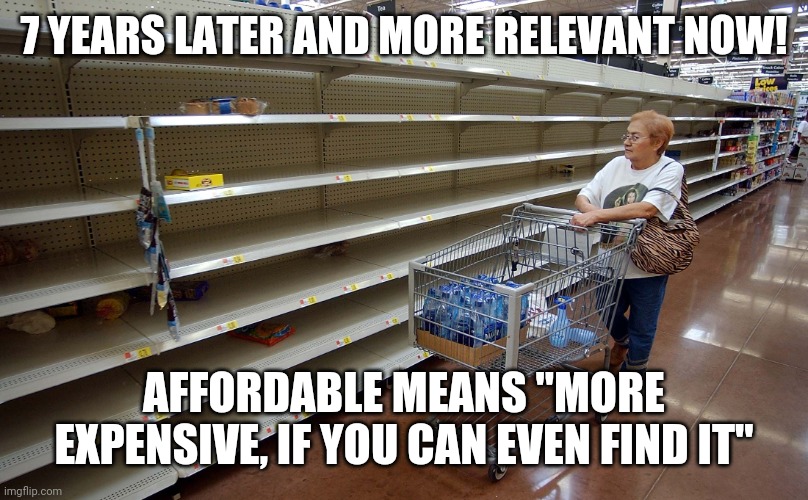 Empty shelves | 7 YEARS LATER AND MORE RELEVANT NOW! AFFORDABLE MEANS "MORE EXPENSIVE, IF YOU CAN EVEN FIND IT" | image tagged in empty shelves | made w/ Imgflip meme maker