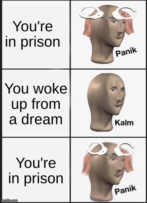 You're in prison | You're in prison; You woke up from a dream; You're in prison | image tagged in memes,panik kalm panik,prison | made w/ Imgflip meme maker