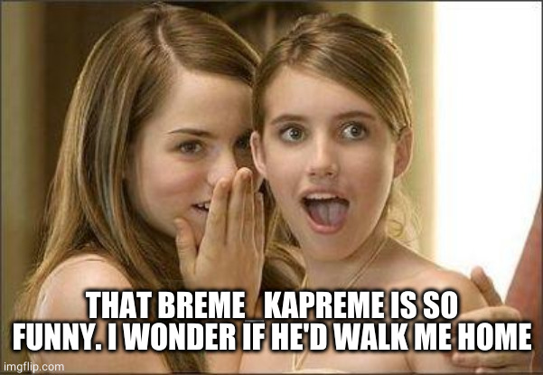 Girls gossiping | THAT BREME_KAPREME IS SO FUNNY. I WONDER IF HE'D WALK ME HOME | image tagged in girls gossiping | made w/ Imgflip meme maker