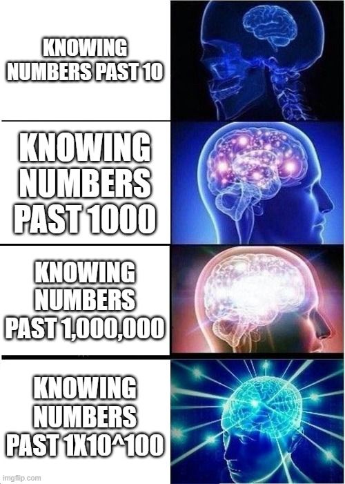 Number nerd | KNOWING NUMBERS PAST 10; KNOWING NUMBERS PAST 1000; KNOWING NUMBERS PAST 1,000,000; KNOWING NUMBERS PAST 1X10^100 | image tagged in memes,expanding brain | made w/ Imgflip meme maker