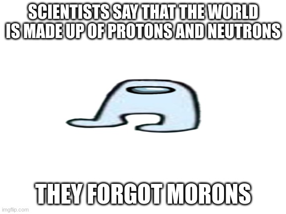True | SCIENTISTS SAY THAT THE WORLD IS MADE UP OF PROTONS AND NEUTRONS; THEY FORGOT MORONS | image tagged in blank white template | made w/ Imgflip meme maker