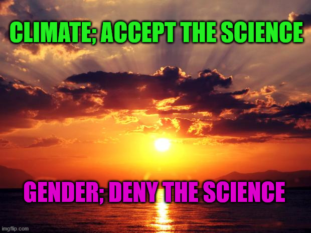 Sunset |  CLIMATE; ACCEPT THE SCIENCE; GENDER; DENY THE SCIENCE | image tagged in sunset | made w/ Imgflip meme maker