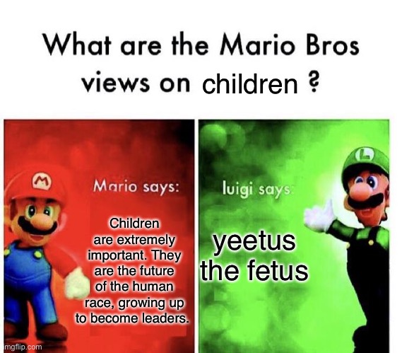 Mario Bros Views | children; yeetus the fetus; Children are extremely important. They are the future of the human race, growing up to become leaders. | image tagged in mario bros views | made w/ Imgflip meme maker