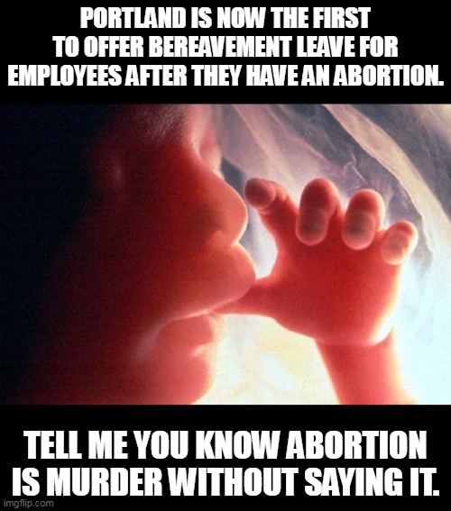 Who mourns the loss of a "clump of cells"? | PORTLAND IS NOW THE FIRST TO OFFER BEREAVEMENT LEAVE FOR EMPLOYEES AFTER THEY HAVE AN ABORTION. TELL ME YOU KNOW ABORTION IS MURDER WITHOUT SAYING IT. | image tagged in abortion,evil,abortion is murder,liberal logic | made w/ Imgflip meme maker
