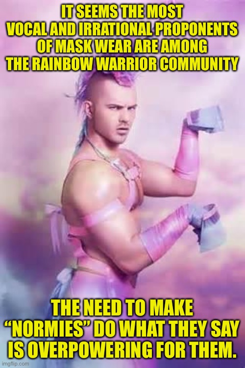 Gay Unicorn | IT SEEMS THE MOST VOCAL AND IRRATIONAL PROPONENTS OF MASK WEAR ARE AMONG THE RAINBOW WARRIOR COMMUNITY; THE NEED TO MAKE “NORMIES” DO WHAT THEY SAY IS OVERPOWERING FOR THEM. | image tagged in gay unicorn,most tyrants are gay,lgbtq use to want to be left alone,what does the research say,sic semper tyrannus | made w/ Imgflip meme maker