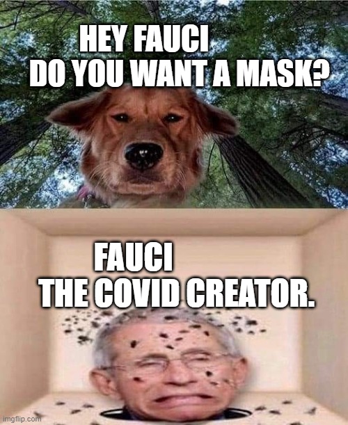 Fauci gets the Beagle treatment | HEY FAUCI              DO YOU WANT A MASK? FAUCI                 THE COVID CREATOR. | image tagged in fauci gets the beagle treatment | made w/ Imgflip meme maker