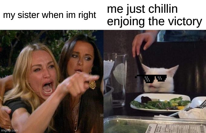 so true | my sister when im right; me just chillin enjoing the victory | image tagged in memes,woman yelling at cat | made w/ Imgflip meme maker