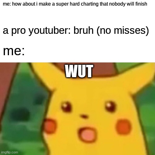 Surprised Pikachu | me: how about i make a super hard charting that nobody will finish; a pro youtuber: bruh (no misses); me:; WUT | image tagged in memes,surprised pikachu | made w/ Imgflip meme maker