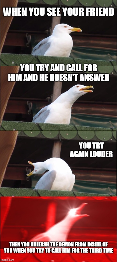 Inhaling Seagull | WHEN YOU SEE YOUR FRIEND; YOU TRY AND CALL FOR HIM AND HE DOESN'T ANSWER; YOU TRY AGAIN LOUDER; THEN YOU UNLEASH THE DEMON FROM INSIDE OF YOU WHEN YOU TRY TO CALL HIM FOR THE THIRD TIME | image tagged in memes,inhaling seagull | made w/ Imgflip meme maker