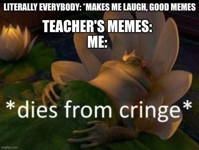 teacher's memes SUCK | LITERALLY EVERYBODY: *MAKES ME LAUGH, GOOD MEMES; TEACHER'S MEMES:
ME: | image tagged in dies of cringe | made w/ Imgflip meme maker