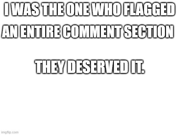 ore | I WAS THE ONE WHO FLAGGED; AN ENTIRE COMMENT SECTION; THEY DESERVED IT. | image tagged in blank white template | made w/ Imgflip meme maker