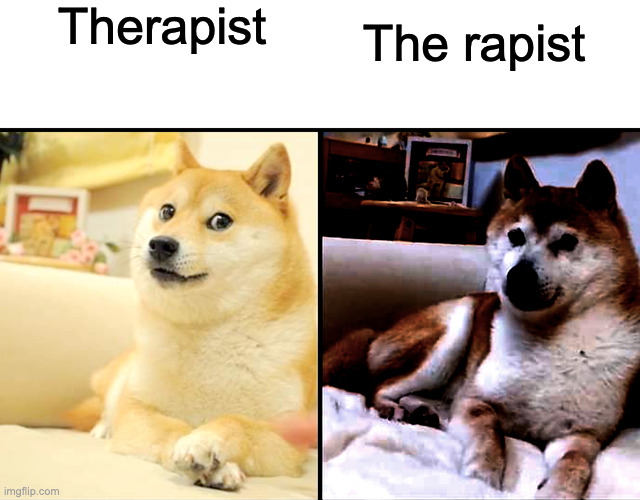 No | Therapist; The rapist | image tagged in doge and traumatized doge | made w/ Imgflip meme maker