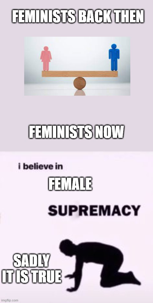 I believe in supremacy | FEMINISTS BACK THEN; FEMINISTS NOW; FEMALE; SADLY IT IS TRUE | image tagged in i believe in supremacy,politics | made w/ Imgflip meme maker