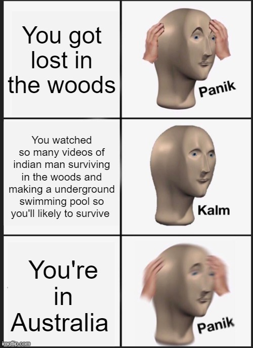 Watch indian men makin swimmin pool so u will survive in woods | You got lost in the woods; You watched so many videos of indian man surviving in the woods and making a underground swimming pool so you'll likely to survive; You're in Australia | image tagged in memes,panik kalm panik | made w/ Imgflip meme maker